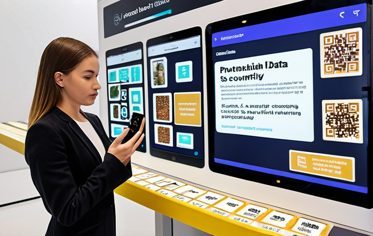 **
Sustainable supply chain, showcasing transparent product traceability using blockchain technology. Visualize a diverse group of people collaborating, with digital displays showing real-time data on product origins and ethical sourcing. Include a millennial consumer using a smartphone to scan a product's QR code for information.
**