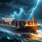 A futuristic cargo ship navigating a turbulent, stormy global ocean. Digital data streams and glowing lines representing real-time visibility and intricate supply chain networks emanate from the ship's bridge, forming a luminous, semi-transparent compass or radar overlay. The scene conveys both the chaos of global uncertainty and the power of data-driven navigation. High detail, dynamic lighting, professional concept art, vivid colors with dark stormy tones.