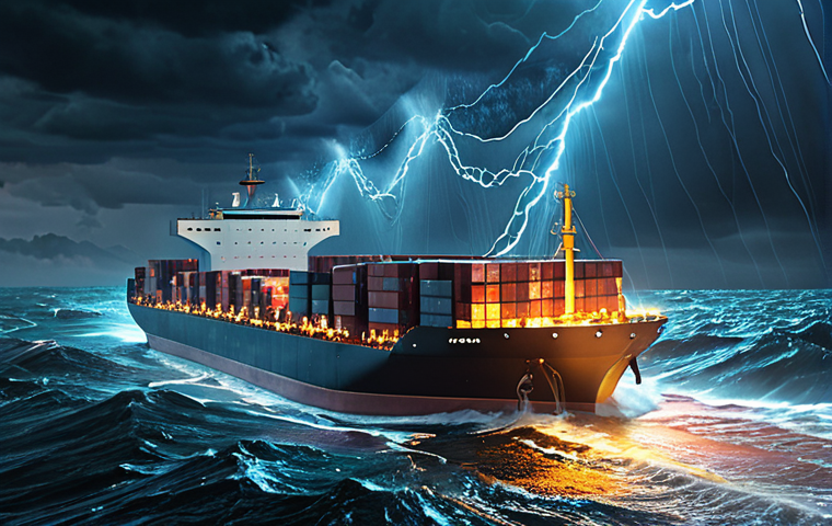 A futuristic cargo ship navigating a turbulent, stormy global ocean. Digital data streams and glowing lines representing real-time visibility and intricate supply chain networks emanate from the ship's bridge, forming a luminous, semi-transparent compass or radar overlay. The scene conveys both the chaos of global uncertainty and the power of data-driven navigation. High detail, dynamic lighting, professional concept art, vivid colors with dark stormy tones.