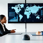 A diverse group of five supply chain professionals, including men and women of various ethnicities, engaged in a focused, collaborative discussion around a sleek, modern conference table. One professional is actively listening, while another points to a large digital display showcasing a global supply chain network map. They are fully clothed in modest, professional business casual attire. The background is a bright, clean, contemporary office space with large windows, emphasizing a professional and collaborative atmosphere. Perfect anatomy, correct proportions, natural pose, well-formed hands, proper finger count, natural body proportions. High-resolution, professional photography, natural lighting. Safe for work, appropriate content, fully clothed, professional, family-friendly.