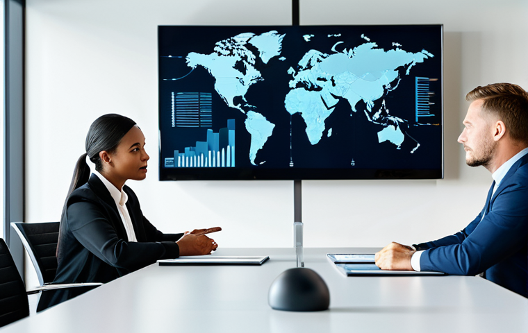 A diverse group of five supply chain professionals, including men and women of various ethnicities, engaged in a focused, collaborative discussion around a sleek, modern conference table. One professional is actively listening, while another points to a large digital display showcasing a global supply chain network map. They are fully clothed in modest, professional business casual attire. The background is a bright, clean, contemporary office space with large windows, emphasizing a professional and collaborative atmosphere. Perfect anatomy, correct proportions, natural pose, well-formed hands, proper finger count, natural body proportions. High-resolution, professional photography, natural lighting. Safe for work, appropriate content, fully clothed, professional, family-friendly.