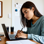 Studying at Home**

A focused student, fully clothed in comfortable clothes, studying SCM materials at a desk in a well-lit room. Open textbooks, notes, and a laptop are visible. A calendar hangs on the wall. "Safe for work," "appropriate content," "fully clothed," "professional," "modest," "perfect anatomy," "correct proportions," "natural pose."

**
