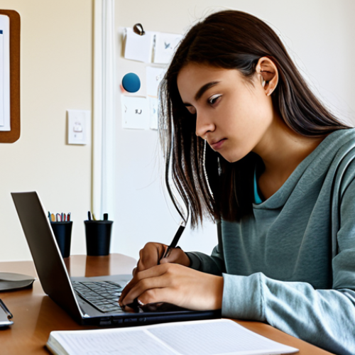 Home 21 Studying at Home**
A focused student, fully clothed in comfortable clothes, studying SCM materials at a desk in a well-lit room. Open textbooks, notes, and a laptop are visible. A calendar hangs on the wall. "Safe for work," "appropriate content," "fully clothed," "professional," "modest," "perfect anatomy," "correct proportions," "natural pose."
**