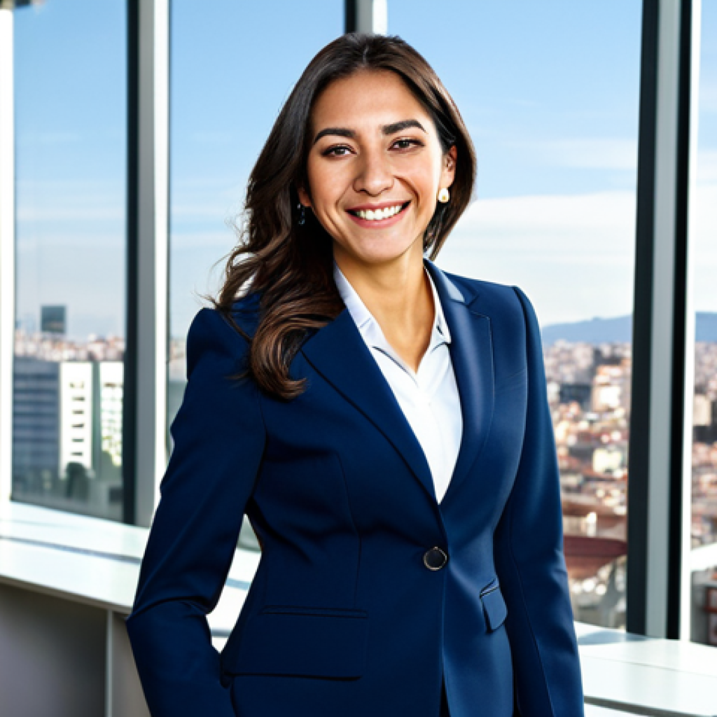 Business Professional**

"A professional Latina businesswoman in a modest navy blue business suit, smiling confidently while standing in a bright, modern office in Madrid, Spain. Background includes glass windows showcasing the city skyline. Fully clothed, appropriate attire, safe for work, perfect anatomy, natural proportions, professional corporate photography, high quality."

**