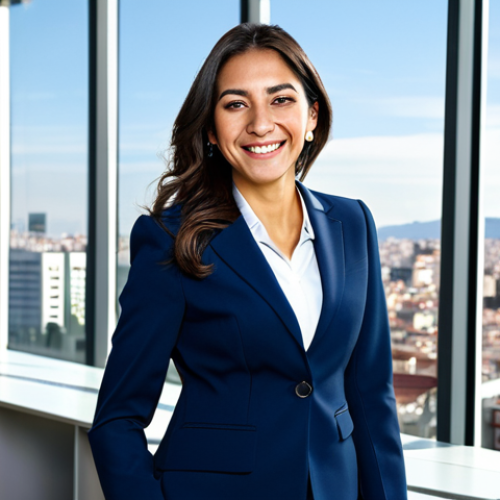 Home 10 Business Professional**
"A professional Latina businesswoman in a modest navy blue business suit, smiling confidently while standing in a bright, modern office in Madrid, Spain. Background includes glass windows showcasing the city skyline. Fully clothed, appropriate attire, safe for work, perfect anatomy, natural proportions, professional corporate photography, high quality."
**