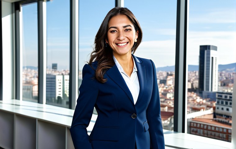 Business Professional**

"A professional Latina businesswoman in a modest navy blue business suit, smiling confidently while standing in a bright, modern office in Madrid, Spain. Background includes glass windows showcasing the city skyline. Fully clothed, appropriate attire, safe for work, perfect anatomy, natural proportions, professional corporate photography, high quality."

**