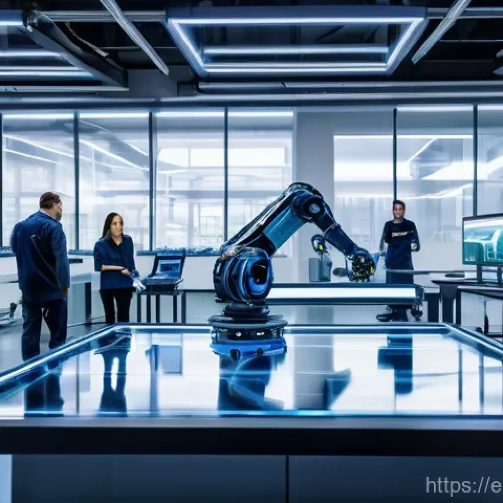 공급망관리와 제조 혁신 사례 - **Prompt:** A vibrant, futuristic manufacturing floor where human technicians, wearing clean, modern...