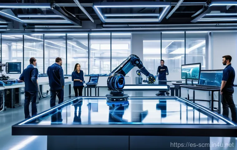 공급망관리와 제조 혁신 사례 - **Prompt:** A vibrant, futuristic manufacturing floor where human technicians, wearing clean, modern...