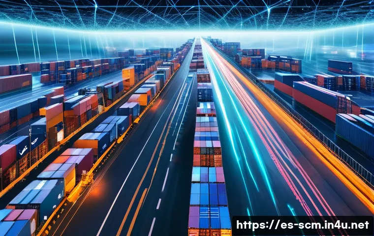 공급망관리 업무 사례 공유 - **Prompt:** A dynamic, wide-angle shot of a sprawling, interconnected global supply chain system. In...