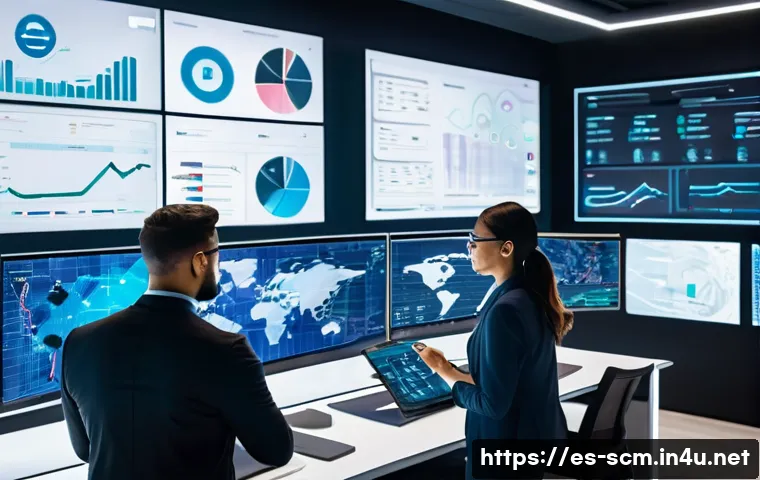 SCM 전문가의 경력 설계 팁 - A modern logistics control room featuring diverse professionals collaborating on digital screens dis...