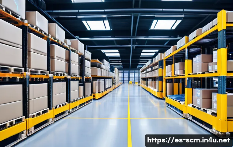 SCM 분야 최신 뉴스 및 트렌드 - A modern logistics warehouse interior featuring advanced robotics and automation: sleek mobile robot...