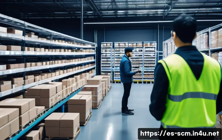 SCM와 신기술의 효과적인 활용 - A modern, high-tech warehouse interior showing autonomous mobile robots efficiently picking and tran...