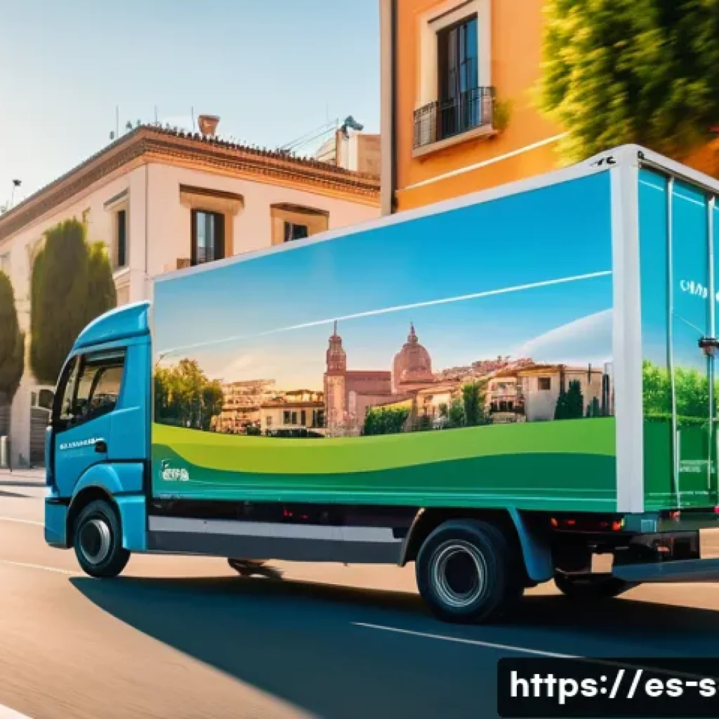 공급망관리와 CSR 활동 사례 - A modern electric delivery truck driving through a vibrant Spanish cityscape at sunset, with solar p...