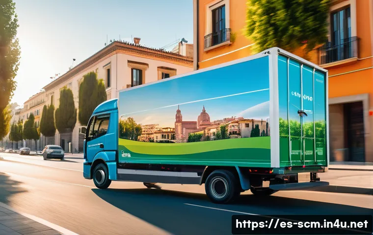 공급망관리와 CSR 활동 사례 - A modern electric delivery truck driving through a vibrant Spanish cityscape at sunset, with solar p...
