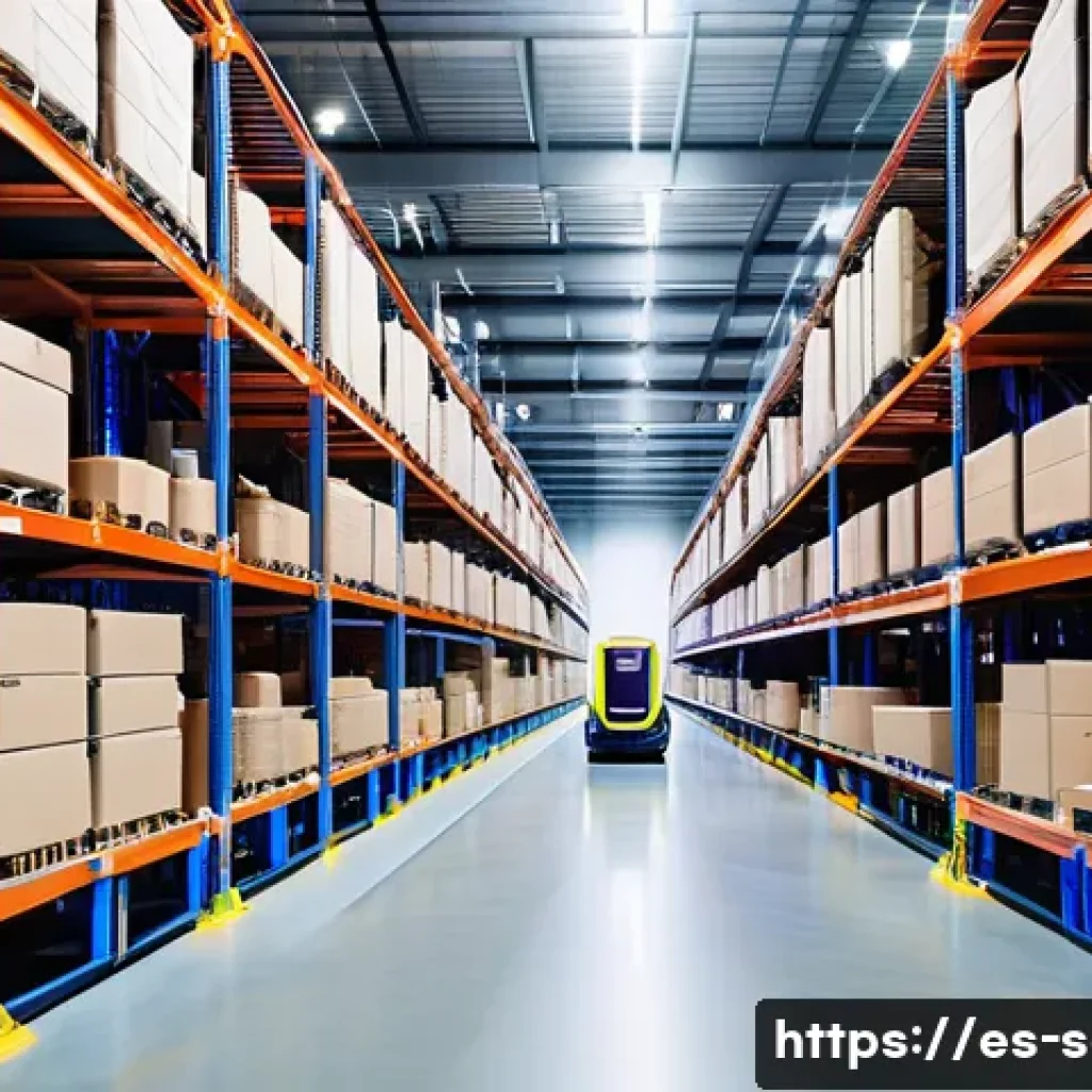 공급망관리 실무에서의 글로벌 문제 해결 - A modern automated warehouse interior scene showcasing autonomous mobile robots efficiently moving a...