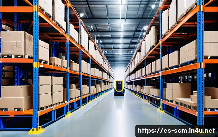 공급망관리 실무에서의 글로벌 문제 해결 - A modern automated warehouse interior scene showcasing autonomous mobile robots efficiently moving a...