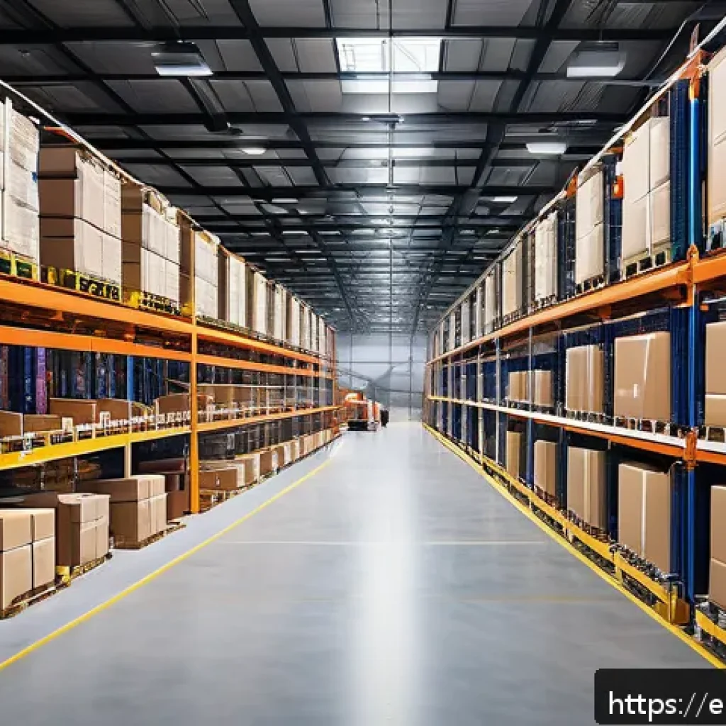 공급망관리와 데이터 분석 활용 - A modern logistics warehouse interior featuring advanced automation: robotic arms picking and packin...