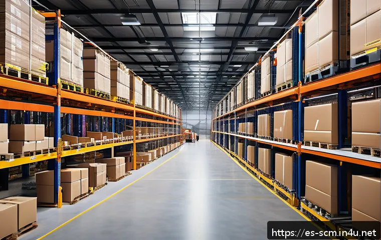 공급망관리와 데이터 분석 활용 - A modern logistics warehouse interior featuring advanced automation: robotic arms picking and packin...