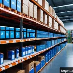 Home 22 SCM 관련 업무 자동화 기술 - A modern retail warehouse interior showcasing smart inventory management technology: shelves neatly ...