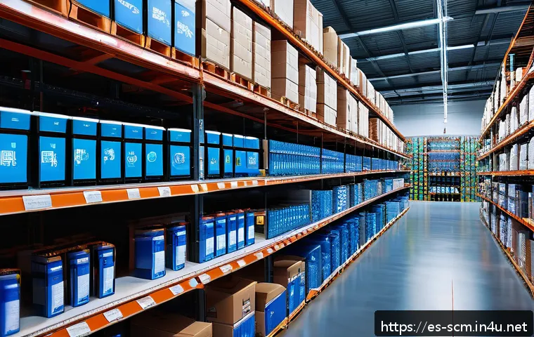 SCM 관련 업무 자동화 기술 - A modern retail warehouse interior showcasing smart inventory management technology: shelves neatly ...