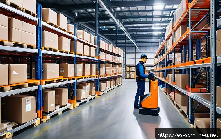 공급망관리 실무에서의 프로세스 간소화 - A modern warehouse interior featuring collaborative robots (cobots) and human workers wearing safety...