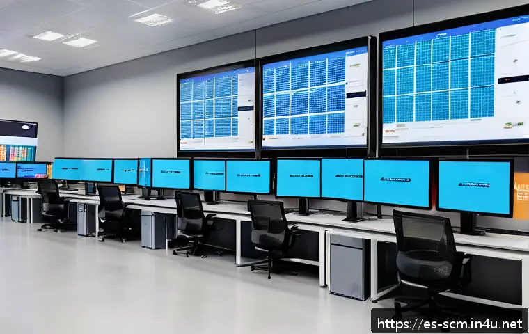 공급망관리와 AI 기반 솔루션 활용 - A modern logistics control room in a Spanish distribution center, featuring large digital screens di...