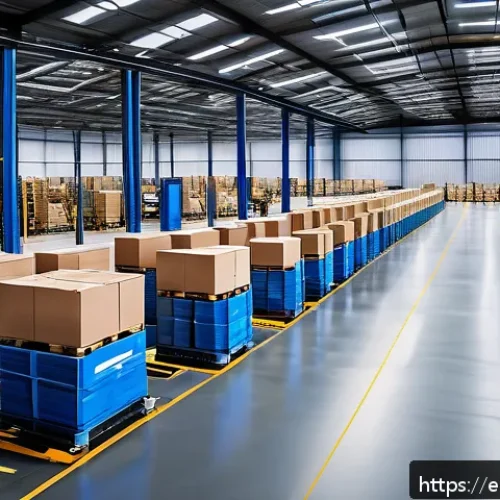 Home 31 공급망관리와 디지털 전환 전략 - A modern logistics warehouse interior with advanced IoT technology: smart sensors visibly attached t...