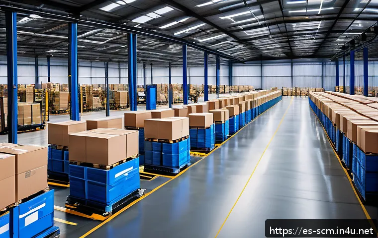 공급망관리와 디지털 전환 전략 - A modern logistics warehouse interior with advanced IoT technology: smart sensors visibly attached t...