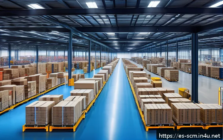 SCM 전문가의 실무 전략 - A modern warehouse interior showcasing seamless integration of advanced technology systems: visible ...