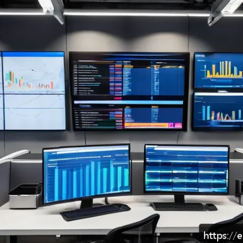 Home 17 SCM 전문가들이 추천하는 도구 - A modern warehouse control room featuring multiple large digital dashboards displaying real-time sup...