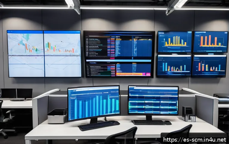 SCM 전문가들이 추천하는 도구 - A modern warehouse control room featuring multiple large digital dashboards displaying real-time sup...