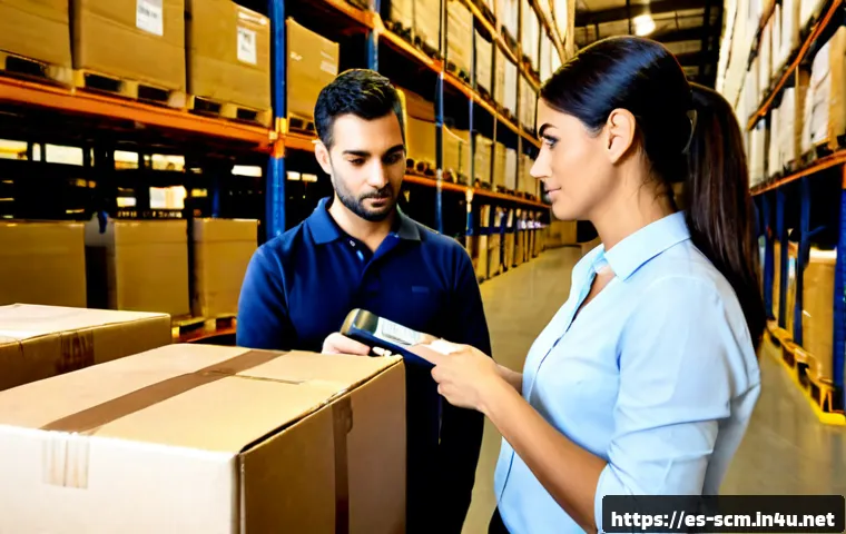 SCM 실무 중 자주 겪는 문제 해결법 - Photorealistic supply chain operations manager in a modern Spanish distribution warehouse, calmly co...